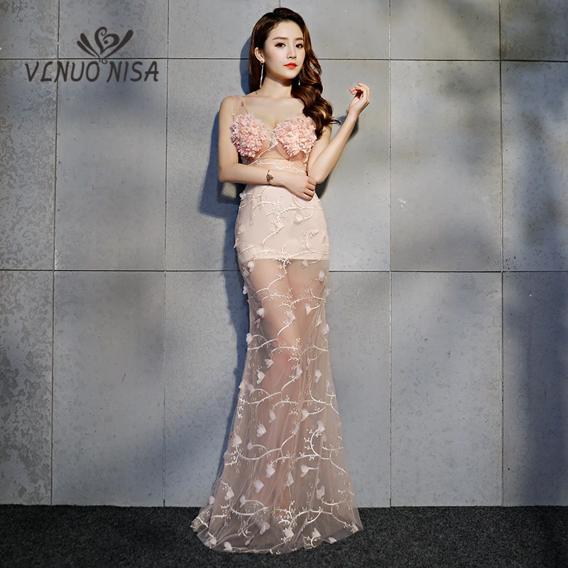 

Sexy V-Neck Long Evening Dress Elegant 3D Flower Embroidery Lace Dance Party Dress Beautiful Transparent Sheer Cheap Five Colors