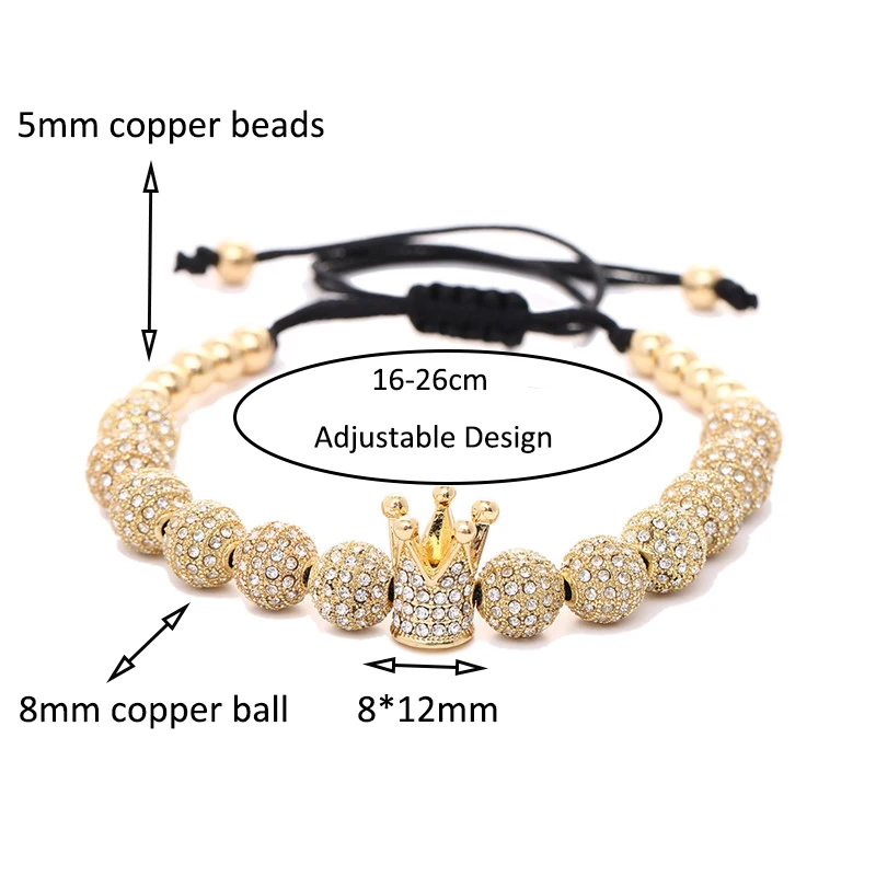 Luxury Men Jewelry 8mm Copper Ball Cubic Micro Pave CZ Crown Charm Bead Braided Macrame Women Bracelet pulseira feminina