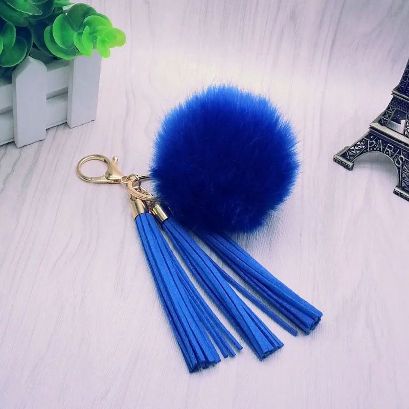 Women Tassel Fur Ball Key Chain with 3 Tassels and 8cm Pompom Plated Gold- For Car Keychain Bag Key Ring Jewelry 16012