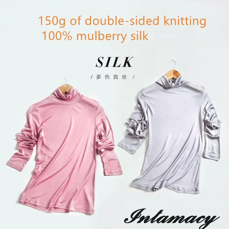 100% real Silk 150g double-sided Knit Female Shirt Sleeved Turtleneck Shirt Lapel Jacket