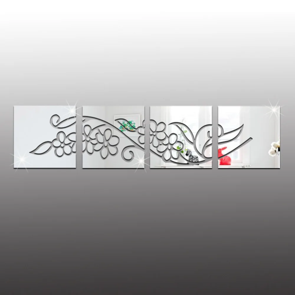 MEYA Acrylic flower decorative stickers ,DIY quare cut out acrylic mirror wall stickers 4pcs/set