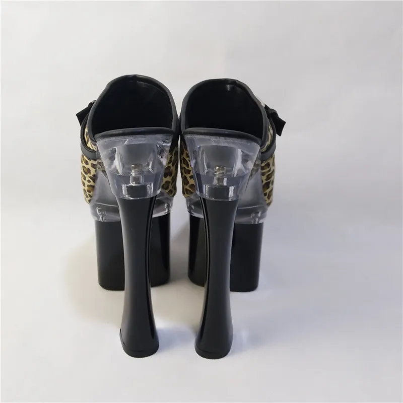 Sexy women super leopard print seductive fashion open toe 18 cm high heel slippers 7 inches fashionable square root slippers