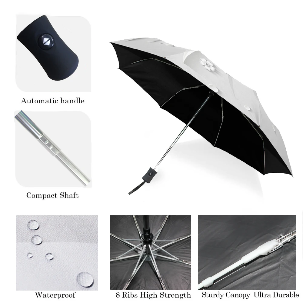 Full Automatic 3D Floral Guarda Chuva White Sun Protection Three Folding Umbrella Rain Women Anti UV Outdoor Travel Sombrinha