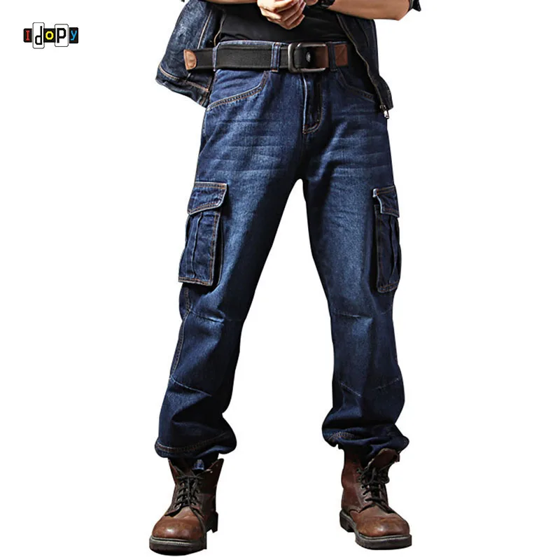 Idopy Men`s Casual Motorcycle Workwear Multi Pockets Denim Biker Cargo Jeans Pants For Male Plus Size