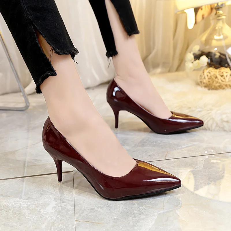 New Women Pumps Black High heels 8cm Lady Patent leather Shallow Thin Heels Autumn Pointed Single Shoes Slip-On Female Shoes