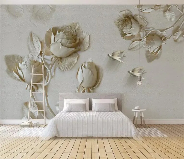 

Custom Mural Wallpaper For Walls Home Decor 3D Stereo Relief Rose Flower Bird Background Wall Murals Papel De Parede Living Room