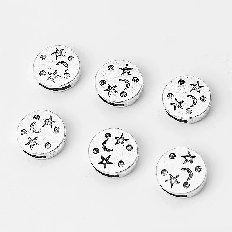 

10pcs Silver Round Slider Spacers Beads Carved Star And Moon For 11*2mm Flat Leather Cord Jewelry Making Accessories