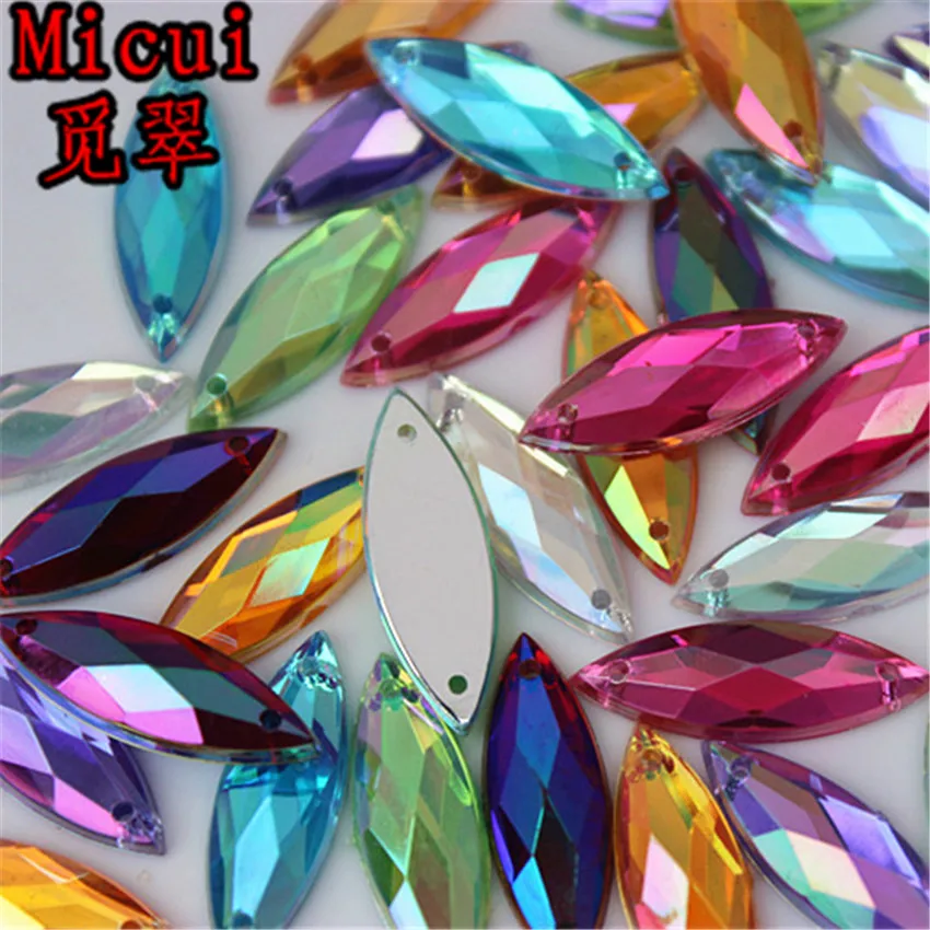 Micui 100PCS 7*21mm AB Horse Eye Acrylic Rhinestones Crystal Flat Back Beads Sew On Stones For Clothing Craft Decoration ZZ337