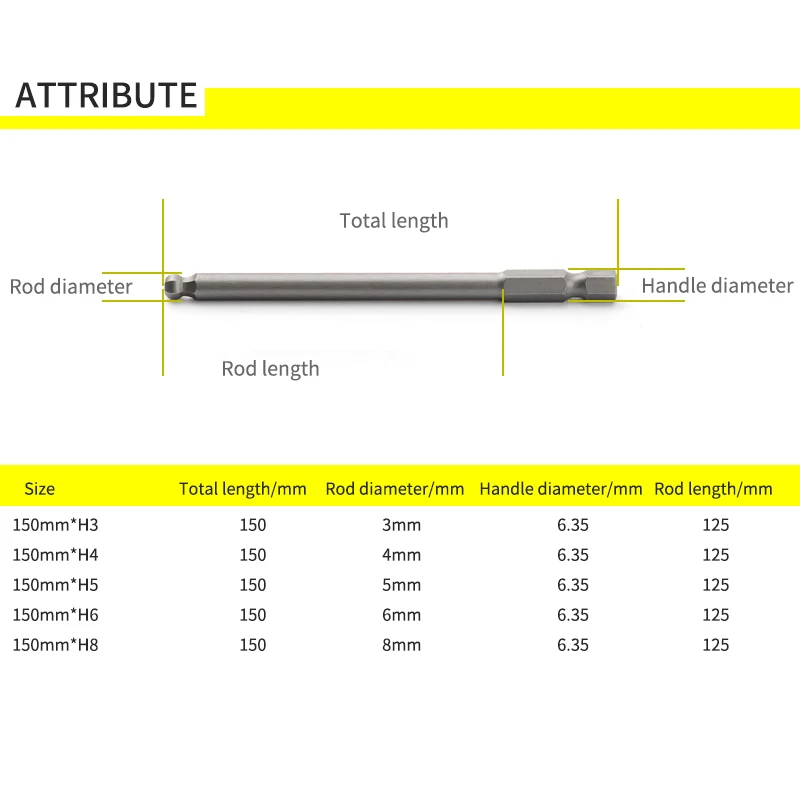 150mm Length Ball Head Screwdriver Drill Bit Sets S2 Steel Screw Driver Bits Hex Magnetic 1/4\