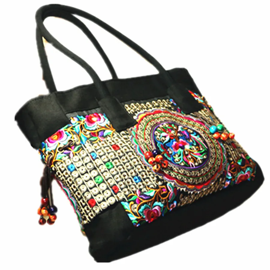 Floral Embroider Women Ethnic Shoulder Bag Ladies Large Canvas Handbags Female Vintage Shopping Hand Totes with Wooden Beading