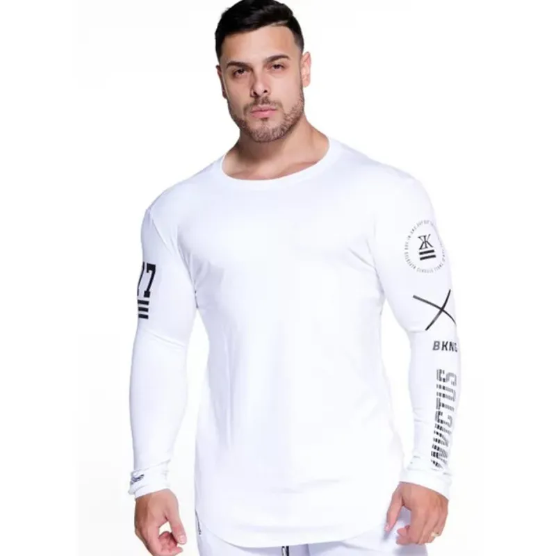 Mannen Bodybuilding Lange Mouw Mannelijke Casual Mode Skinny T-shirt Gym Fitness Workout Tees Tops Running Sneldrogende Kleding