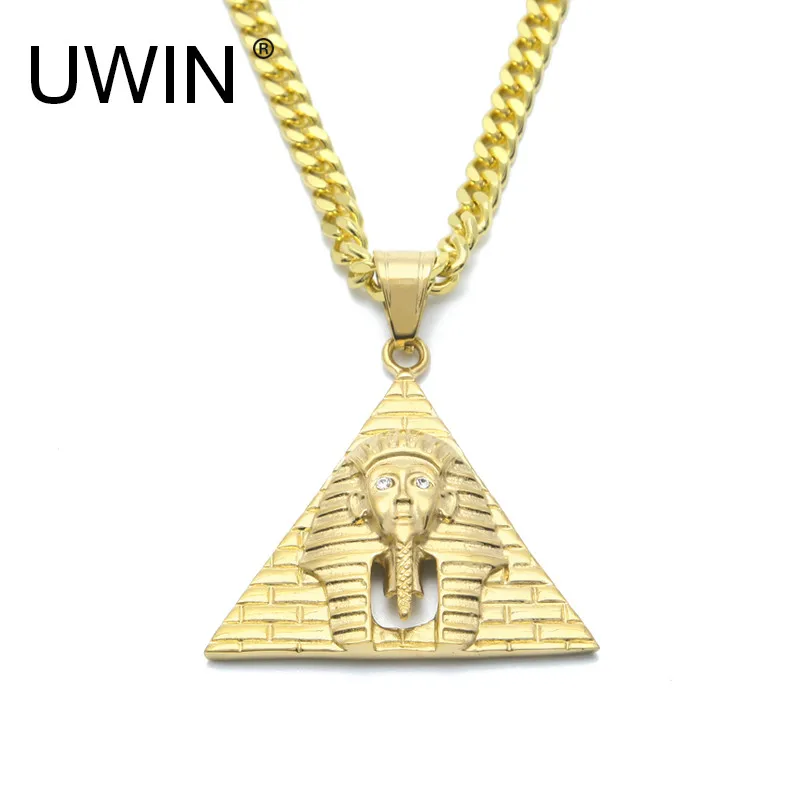 UWIN Men\' Punk Egyptian Pharaoh Pendant Stainless Steel Gold Color Pyramid Charm Necklace Pendants Fashion Hip hop Jewelry