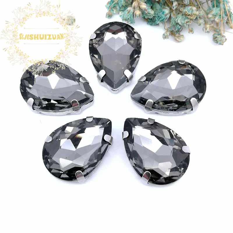 Gray Water Drop Shape Silver Claws Crystal Sew On Rhinestones With Four Claw DIY Glass Crystals Stones Clothes Wedding Dress