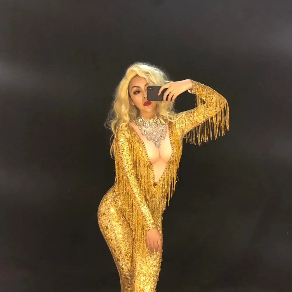 Women Gold Tassel 3D Printed Sexy Jumpsuit Sparkling Crystals Nightclub Party Stage Wear Dancer Singer Bling Costumes Jumpsuit