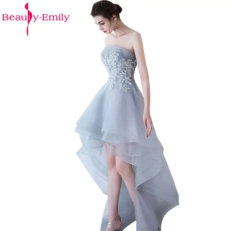 Abiti da sera grigi di bellezza-emily 2020 Appliques di Tulle senza spalline Sexy abito da ballo da spiaggia con lacci abiti da sera da sera con reggiseno incorporato