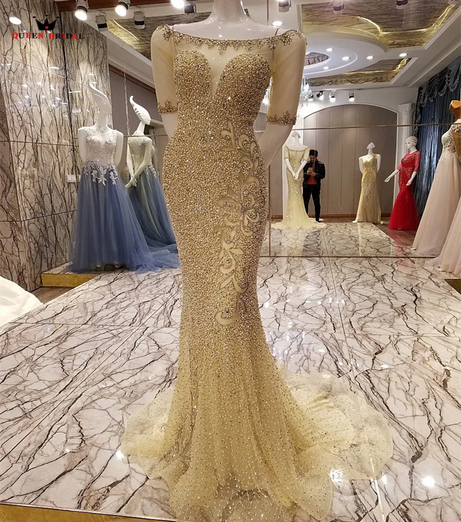 

Custom Made 100% Real Photo Mermaid Half Sleeve Goled Tulle Sequins Beaded Sequins Crystal Sexy Luxury Evening Dresses BY25M