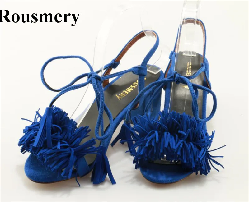 

New Fashion Women Open Toe Blue Suede Leather Lace-up Tassels Thick Heel Sandals Rousmery Fringes Gladiator Sandals