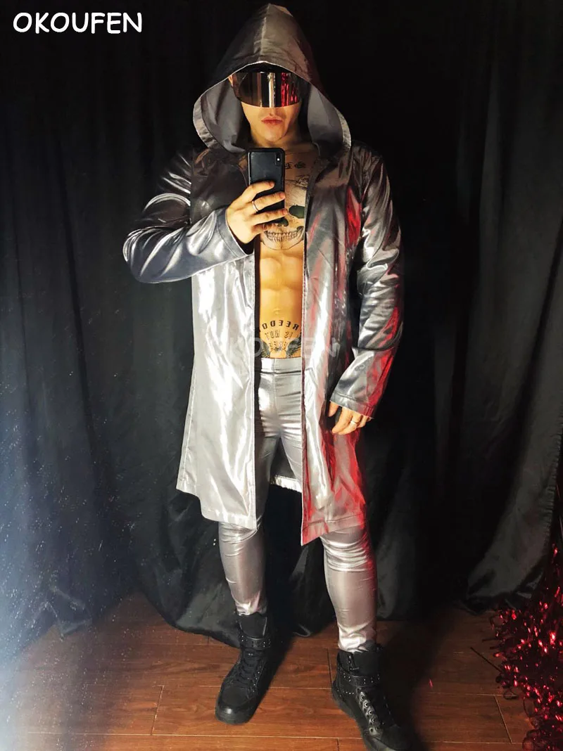 New hip-hop long cloak costume suit costumes nightclub bar male singer dance wear Mirror Silver stage performance outwear