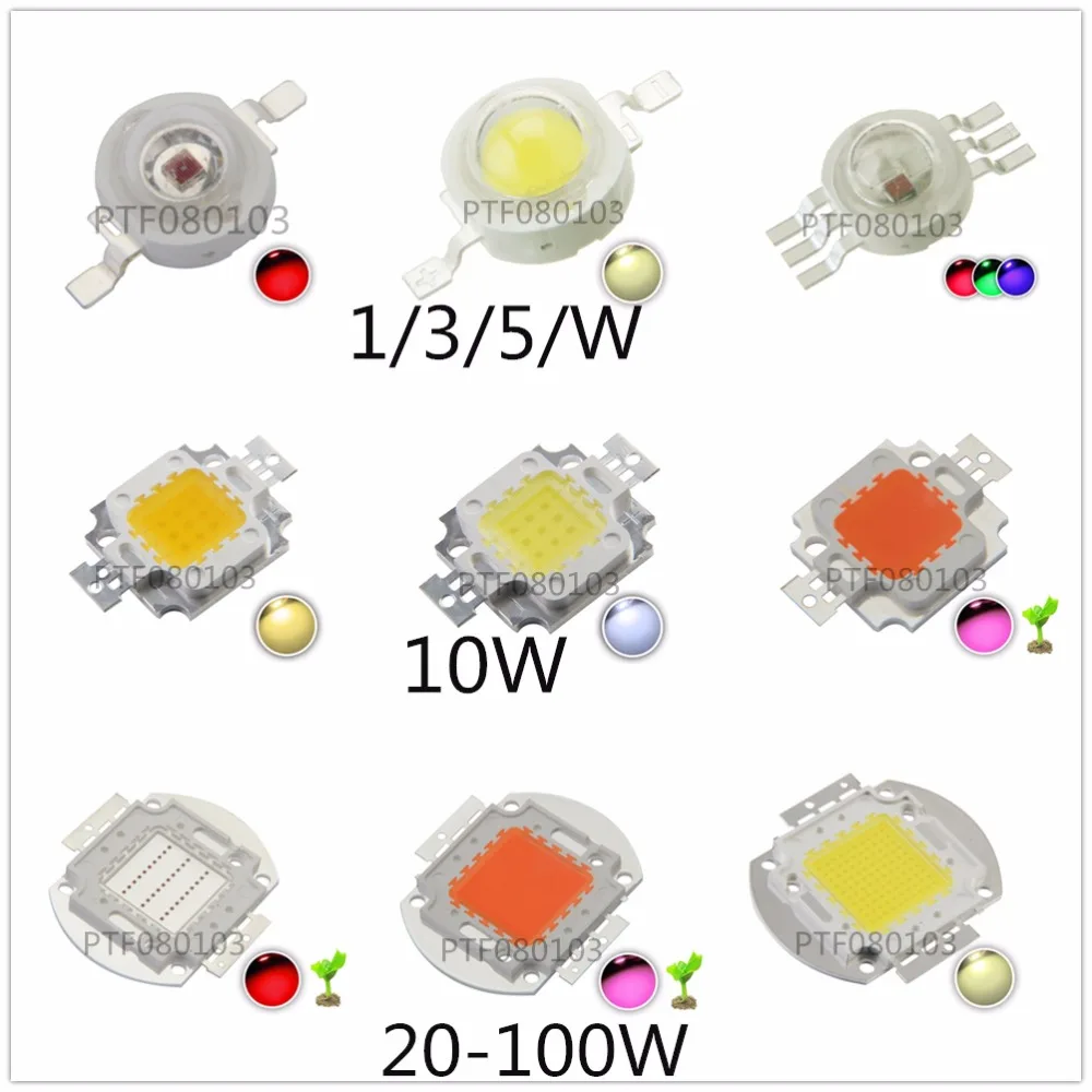 Chip LED ad alta potenza 1W 3W 5W 10W 20W 30W 50W 100W COB SMD LED Bead Bianco RGB Coltiva Spettro completo 1 3 5 10 20 30 50 100 Watt