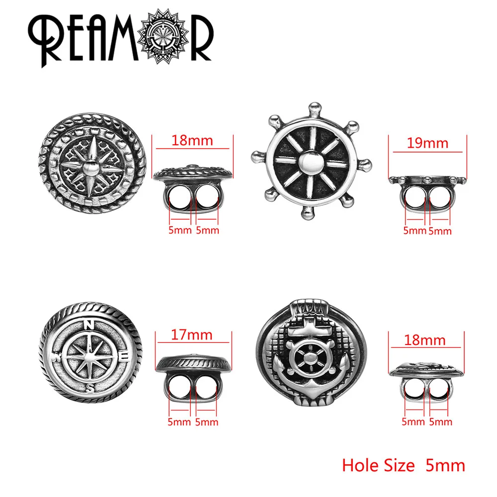 REAMOR Stainless Steel Anchor Rudder Compass 5mm Double Hole Charms Beads For DIY Leather Bracelet Jewelry Making Accessories