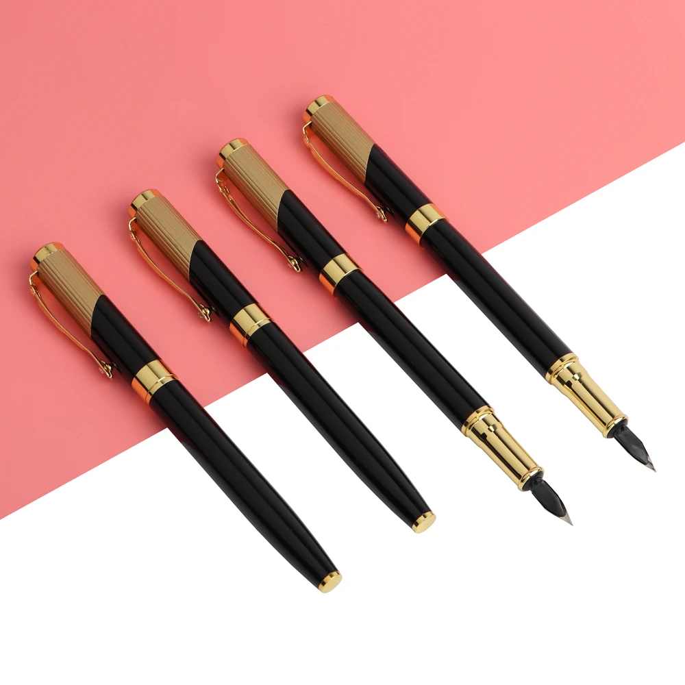 GENKKY High Quality Fountain Pen Metal Gold With Black 0.55mm Full Metal Luxury Pens Office School Stationery Supplies