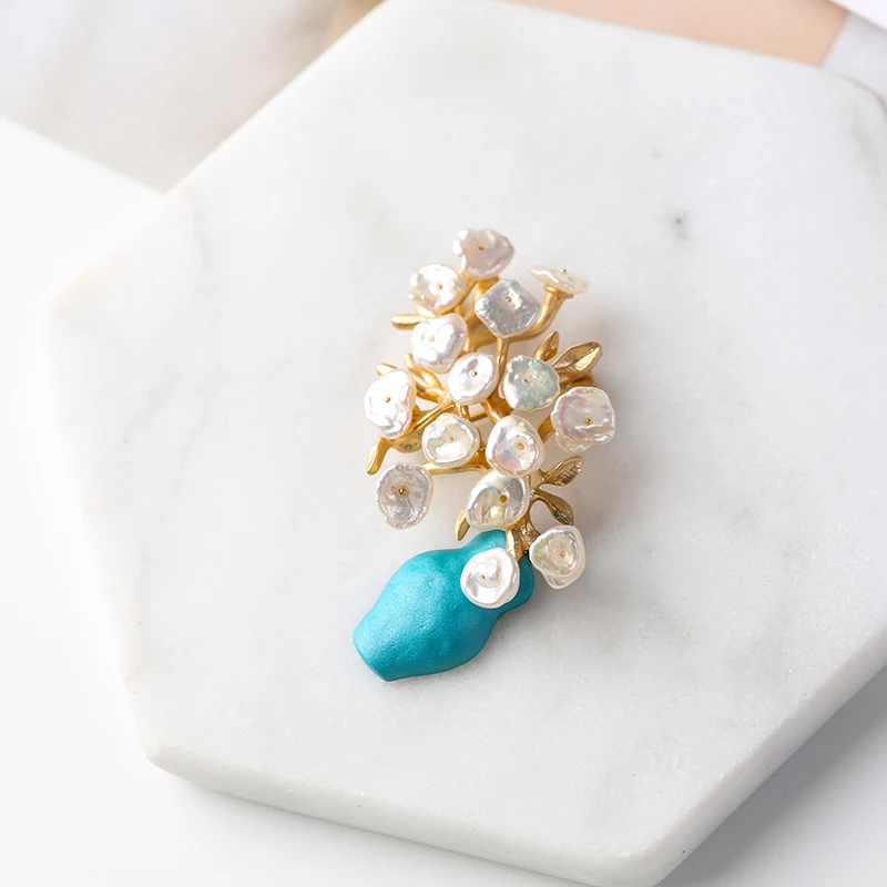 Vanssey Vintage Jewellry Flower Flowerpot Van Gogh Handmade Natural Baroque Pearl Brooch Pin Wedding Accessories for Women 2018