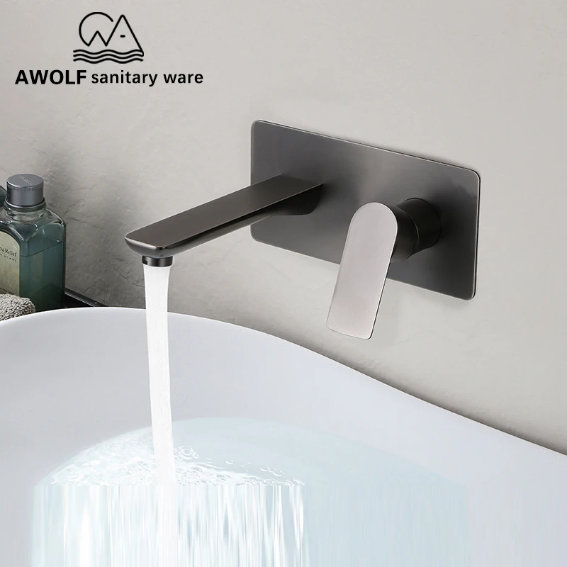 

Awolf Solid Brass Bathroom Basin Faucet Wall Mounted Mixer Tap Hot and Cold Water Black White Gold Sink Faucet ML8065