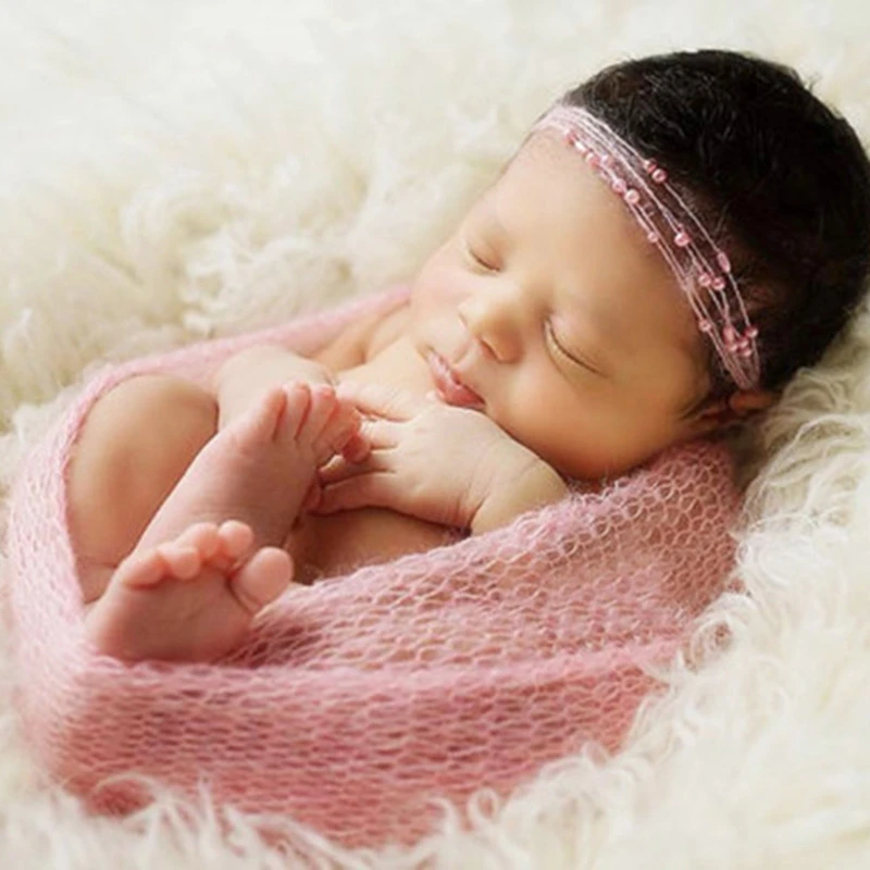 40*150 cm Newborn Baby Mohair Photography Wraps Blanket With Pearl Headband Headwear Infant Soft Knitted Wrap Cloth Accessories