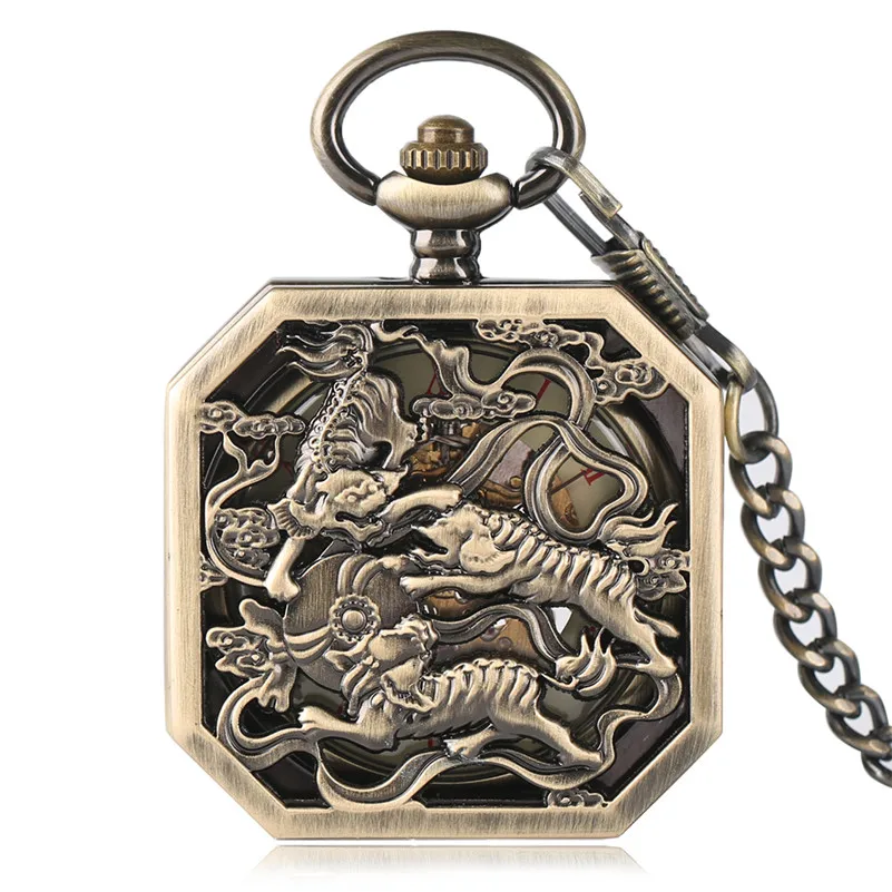 Tiger Carving Copper Hand Winding Mechanical Pocket Watch Chain Skeleton Men Steampunk Fob Watchest Exquisite Retro Clock Gifts