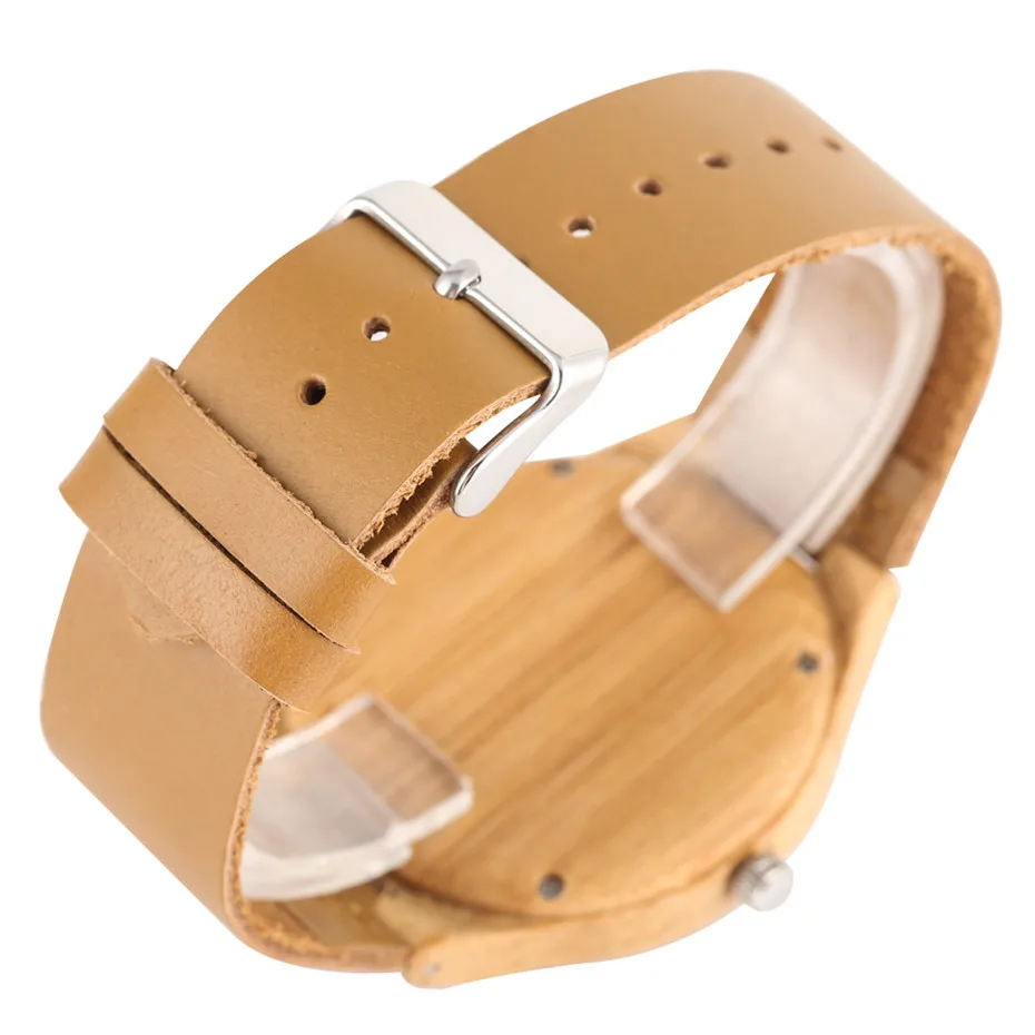 Reloj de madera con pantalla de 12 horas de rayas frescas, relojes de cuarzo para hombre, correa de reloj de cuero genuino marrón, reloj de madera de moda novedosa 2019