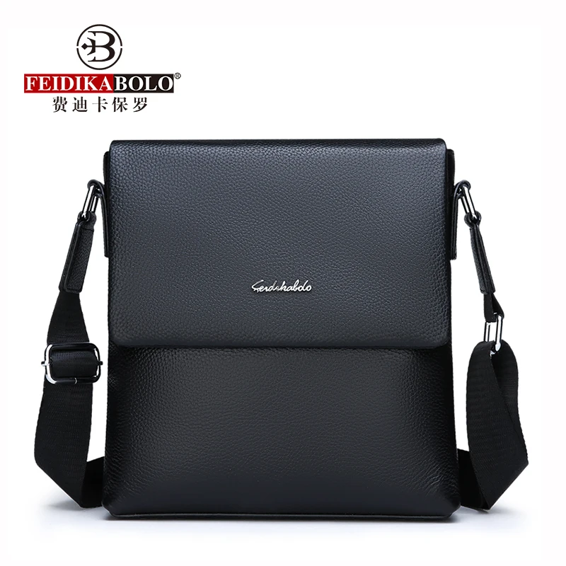 FEIDIKABOLO High Quality Cow Leather Men\'s Shoulder Bag New Fashion Simple 2 Sizes Black Casual Single Shoulder Messenger Bag