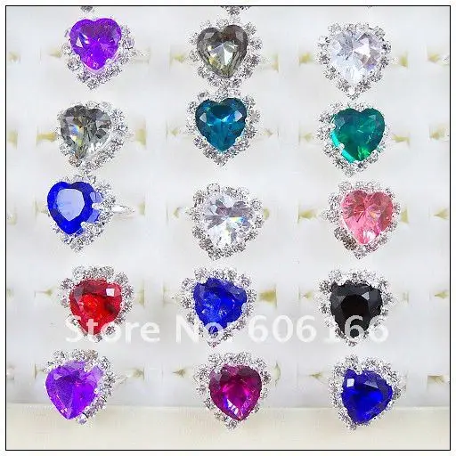 30pc/lot Multicolor Heart Shape with side stones Ring Rhinestone Rings Size Resizable Fashion Jewelry Copper Ring