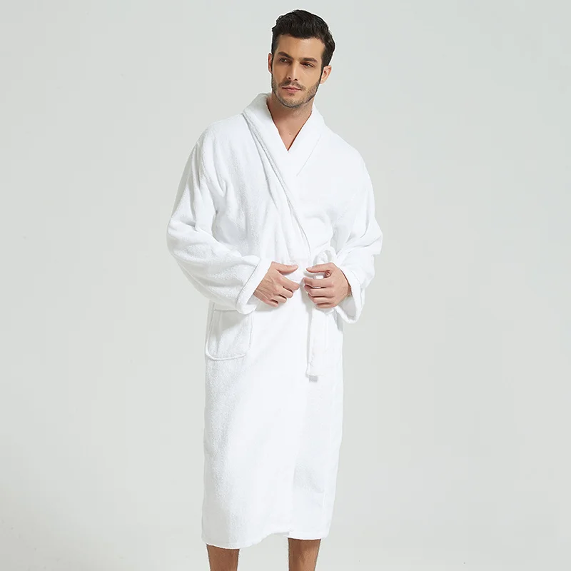 Accappatoio da uomo in cotone spesso, Kimono, caldo pile, indumenti da notte in spugna, accappatoio lungo, Spa dell'hotel, accappatoio lungo bianco, autunno