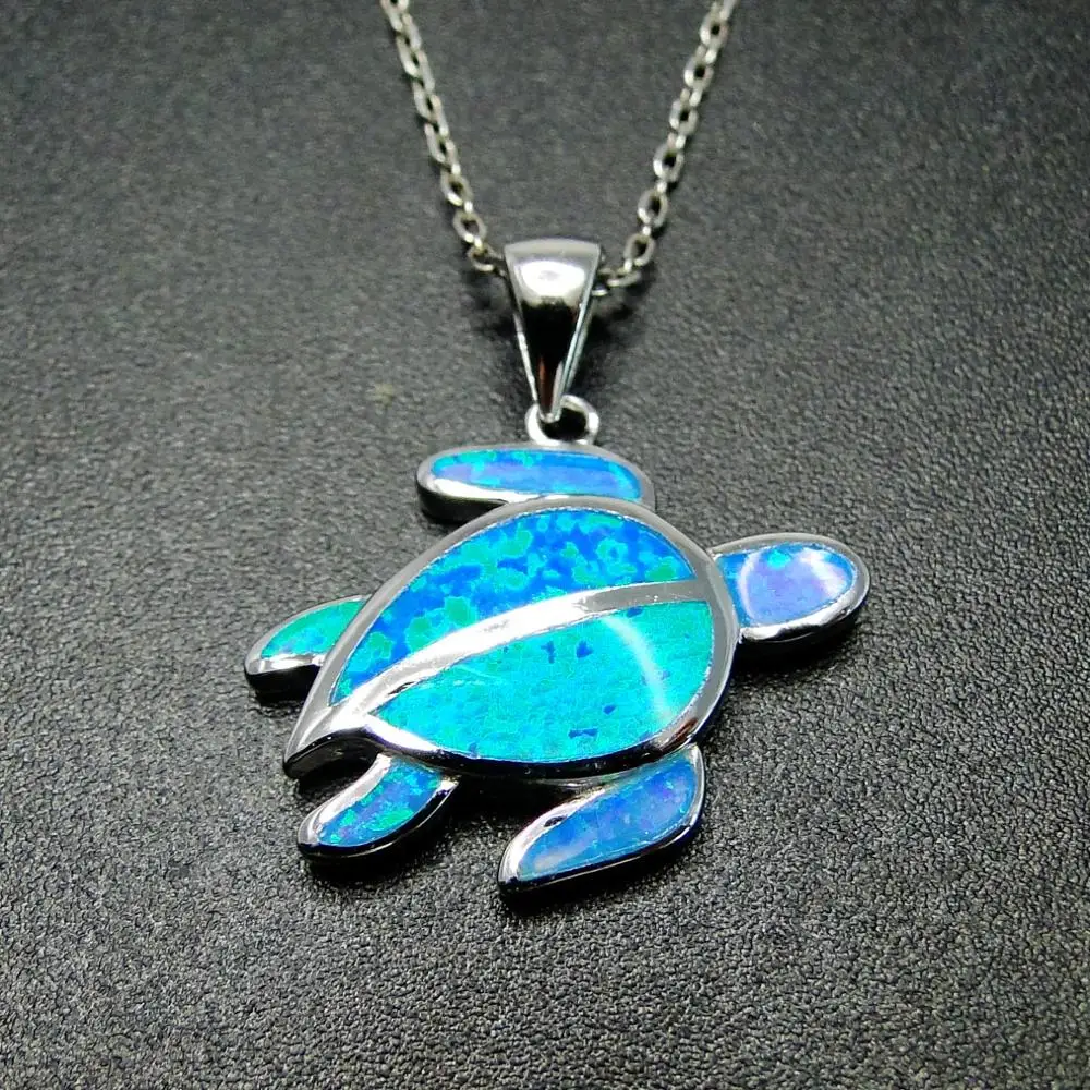 Beautiful 925 Sterling Silver Opal Pendant Blue Fire Opal Sea Turtle Pendant Necklace for Women Gift