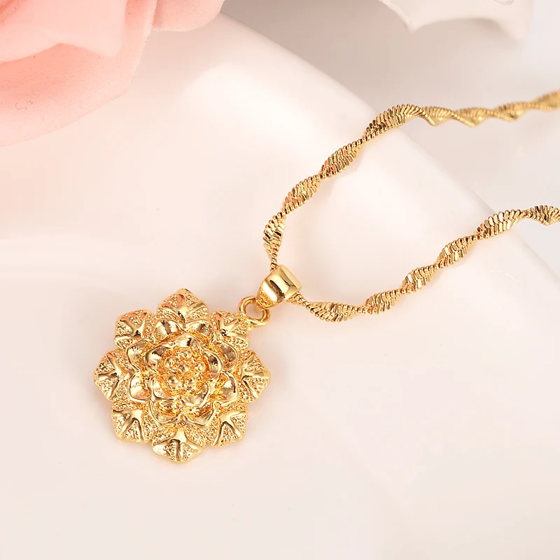 Classical Gold Color Snow Flower jewelry Set Pendant Chain Earrings Festival Bijoux Jewelry Gifts Charm