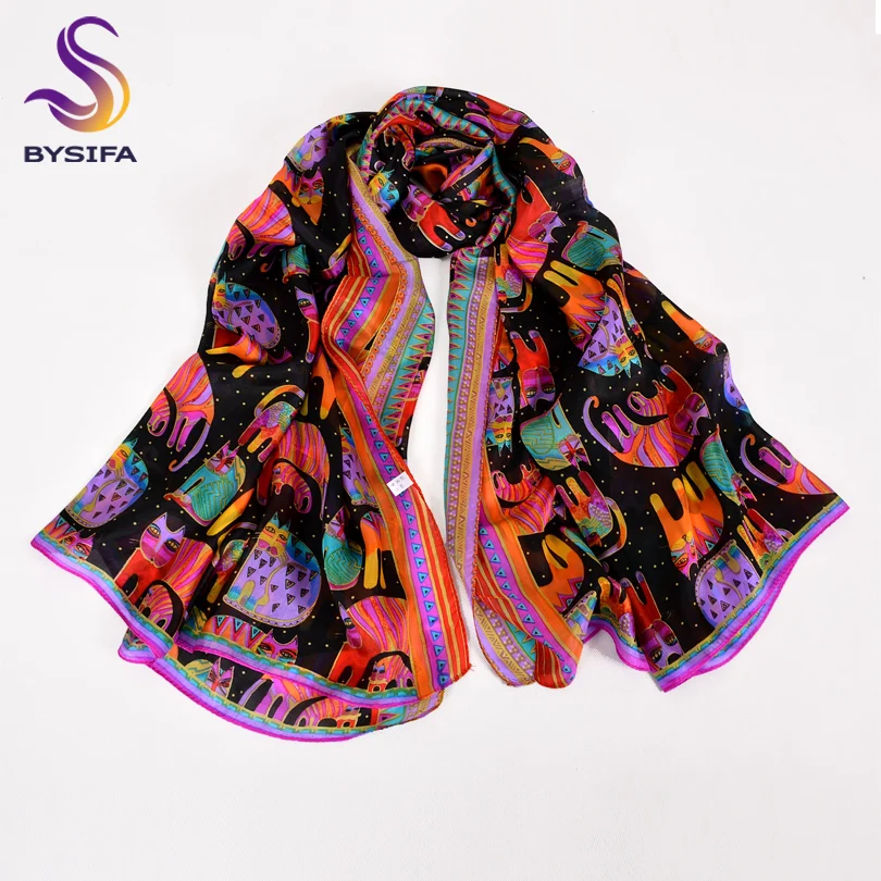 BYSIFA Black Cats Women Silk Scarf Shawl 2018 New Accessories 100% Silk Long Scarves Wraps Spring Autumn Scarf Cape 180*110cm