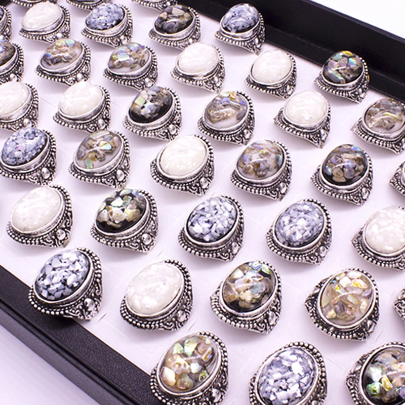 Wholesale Vintage Stone Ring 12 Pieces Mix Size Colors Trendy Silver Color Punk Big Antique Stone Ring Men Jewelry Fashion