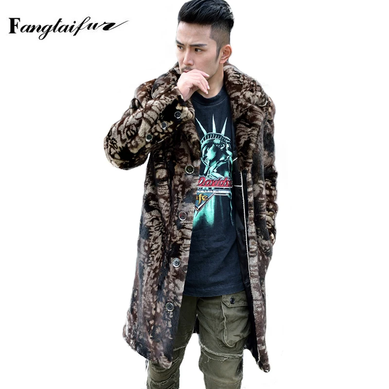 Ftangaiur Winter Men Import Velvet Mink Fur Coat Turn-Down Collar Mink Coats Men's Camouflage Long Causal Real Mink Fur Coats