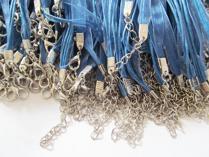 Free Shipping 100pcs 18inch Blue Organza Ribbon Wax Cotton Necklace Cord String,Extender Chain,Lobster Clasp,DIY Accessory