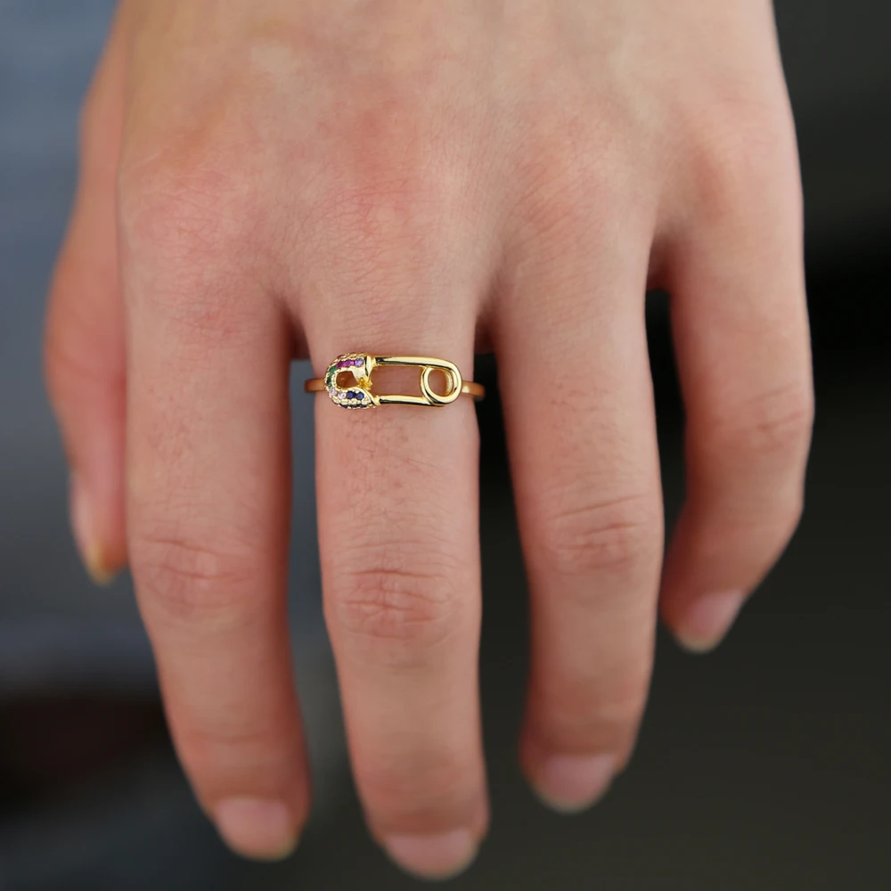 2025 Cute lovely rainbow safety pin ring for women US size 5 6 7 8 unique design paperclip rings
