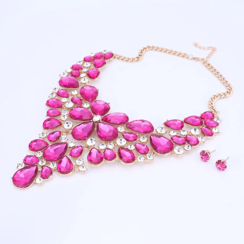 New Hot Ultra-luxury Bohemia Exaggerated Crystal Necklaces & Pendants Crystal Flower Statement Necklace earings For Women alloy