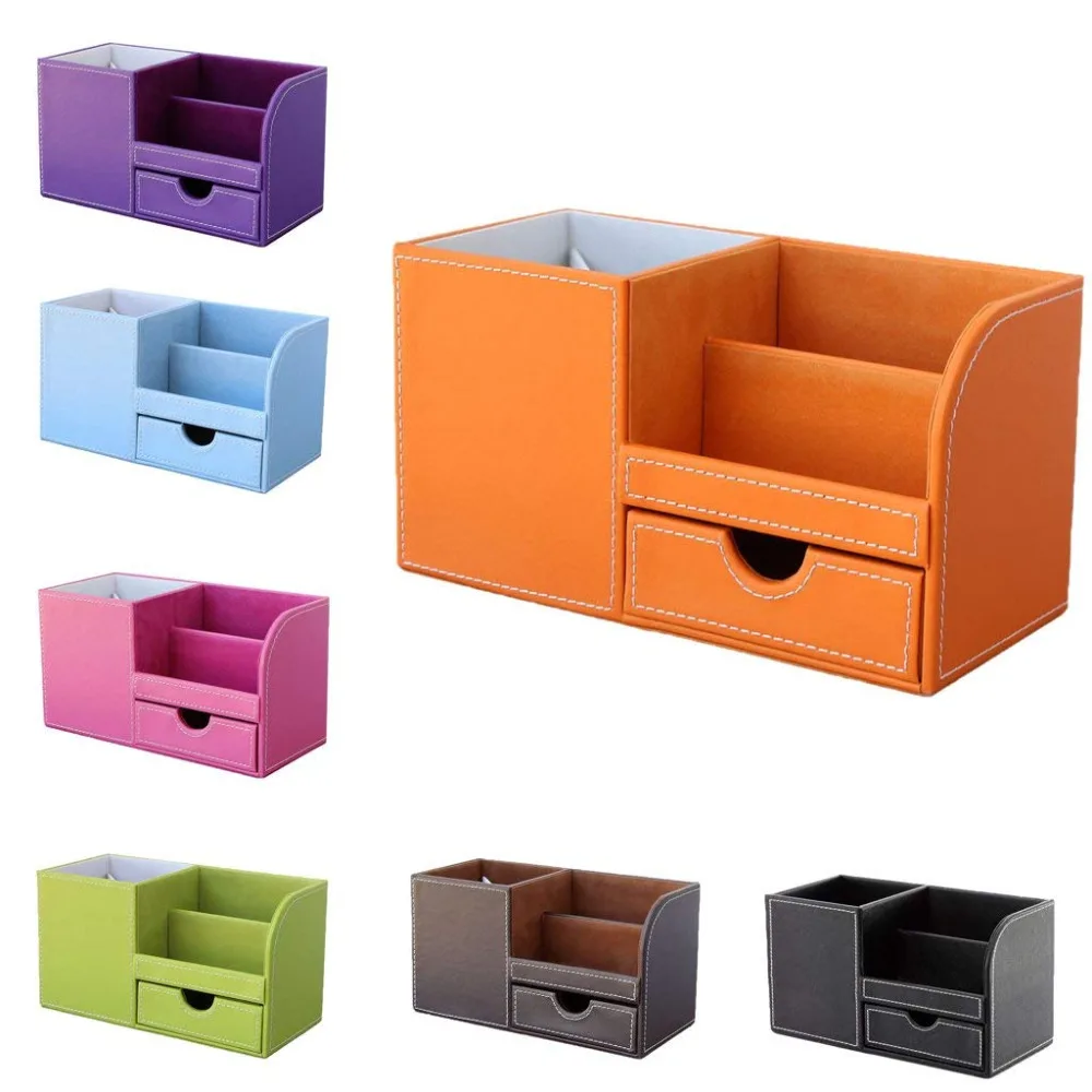 XRHYY Purple 3 Storage Compartments PU Leather Office Desktop Organizer Stationery Box Collection Business Card/Pen/Pencil
