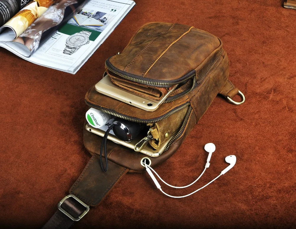 Original Leather men Casual Fashion Travel Triangle Chest Sling Bag Design 8
