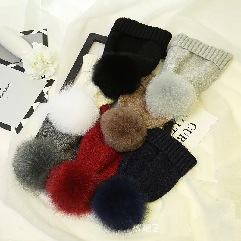 YY001 Winter Twist Women Warm Real Bobble Fur Pom Pom Cashmere Wool Knitted Hat Rabbit Blend Knitted Ski Beanies Skullies Caps