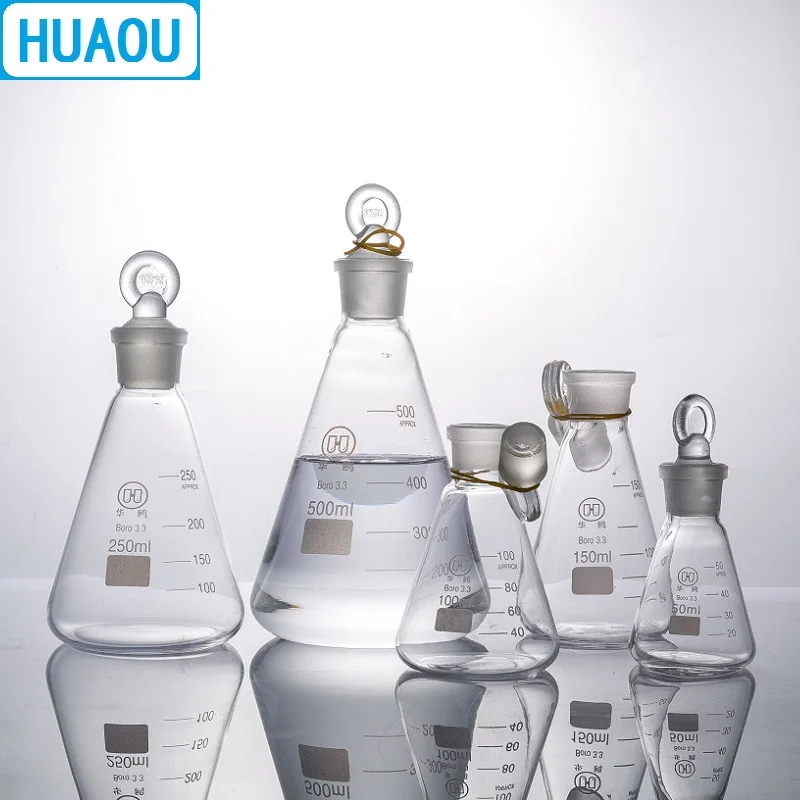 HUAOU 50mL Conical Flask Borosilicate 3.3 Glass with Ground in Glass Stopper Laboratory Chemistry Equipment