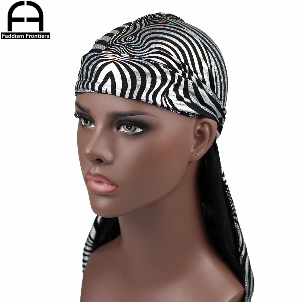 Reflective Zebra Men Silk Durag Striped Bandana Headwear Turban Hat Silky Durags Long Straps Hair Cover Waves Cap