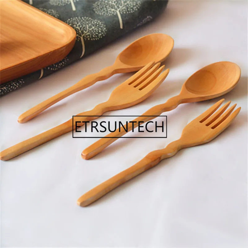 100sets Creative crank handle spoon and fork portable tableware safe wooden fork scoop environmental coffee spoons salad forks