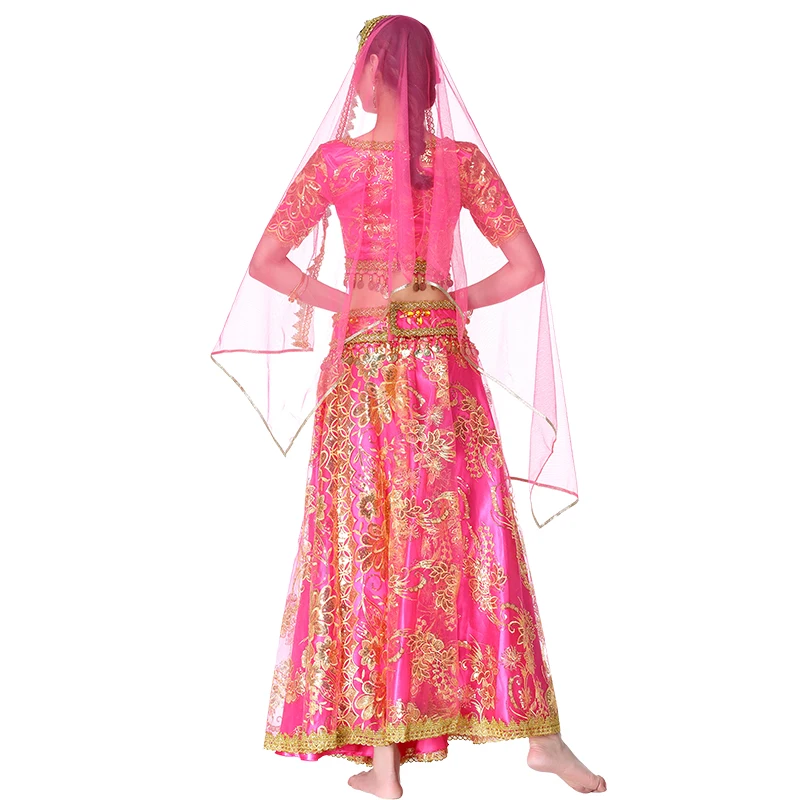 Halloween Vrouwen Buikdans Slijtage Indian Dance Outfits Organza Geborduurde Munten Bollywood Kostuum 4 Stuks Set (Top + Riem + Rok + Sluier)