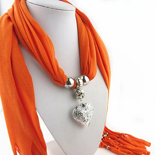 Women Fashion Soft Bead Tassels Scarf with Love Heart Charm Pendant Accessory