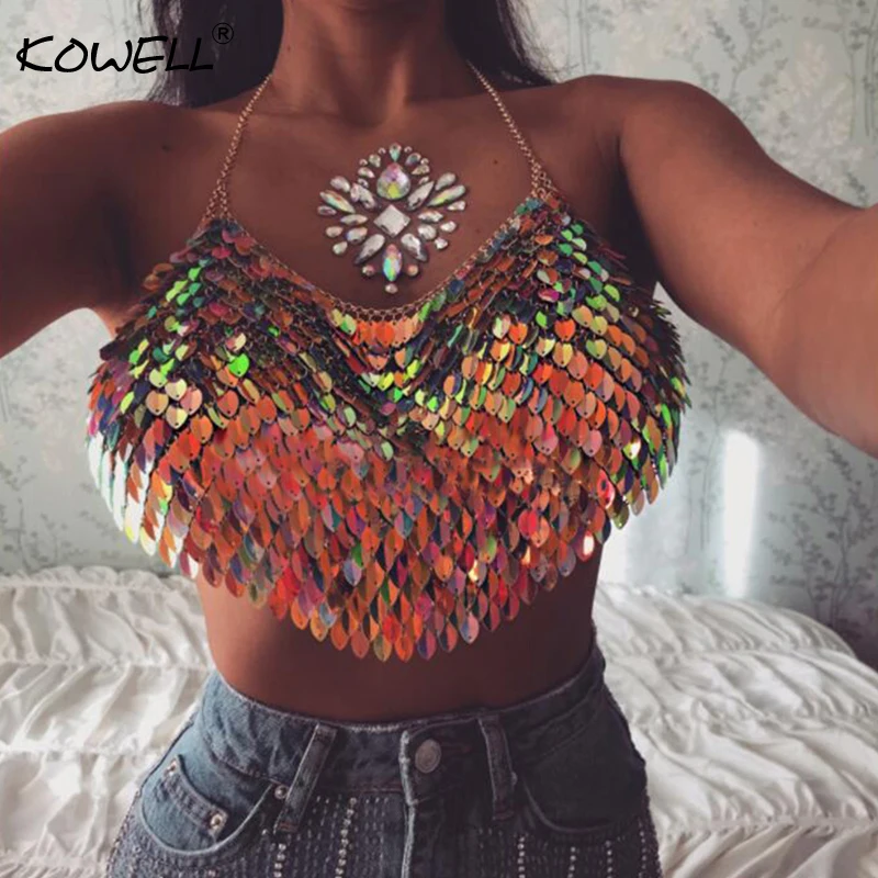 

Halter Metal Leaf type Sexy Tops for Women Backless Colorful Strapless Summer Crop Top Women Nightclub Short Women Tops